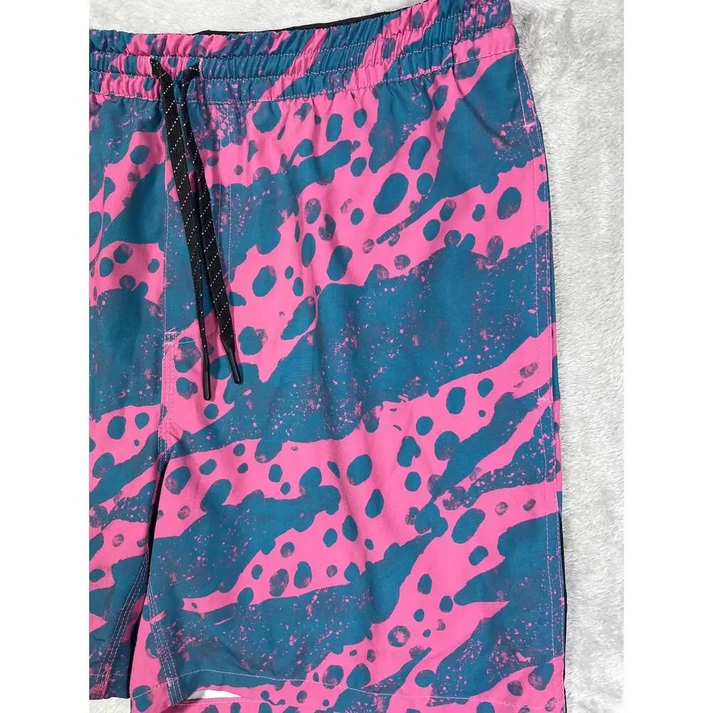Reel Life Swim Shorts Men's Pink Blue Stretch Lined Trunks Large